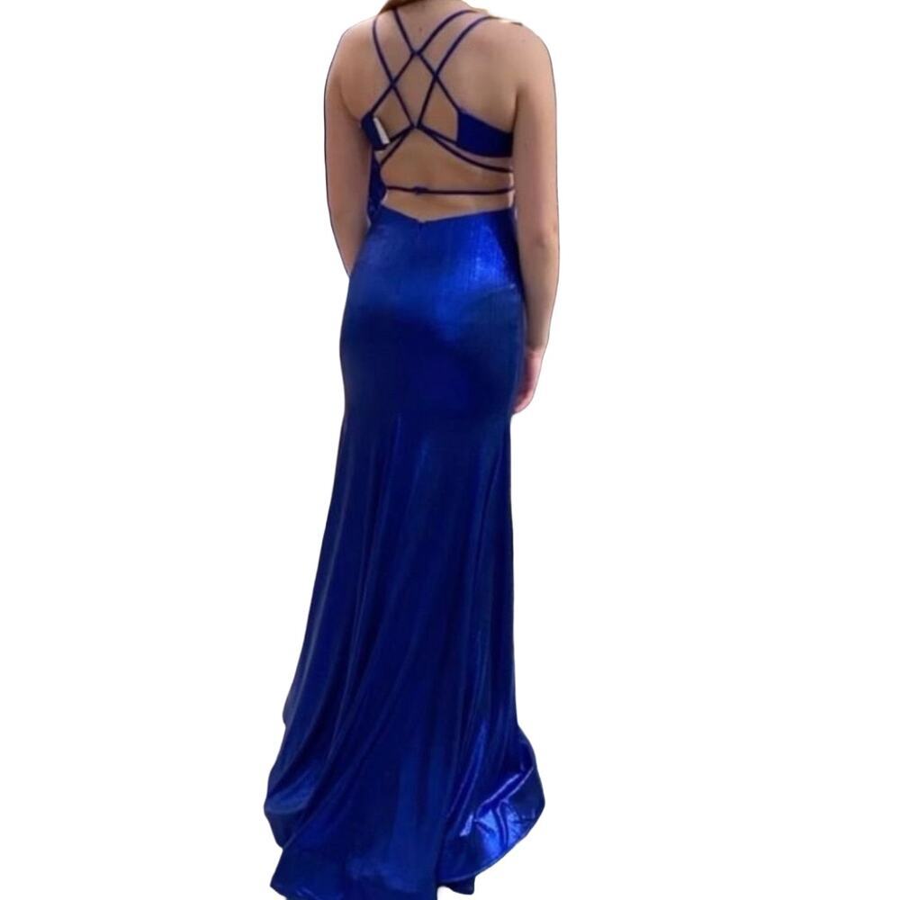 Ellie Wilde By Mon Cheri Metallic Blue Mermaid Prom Dress 10 Bridesmaid NEW - Picture 3 of 10